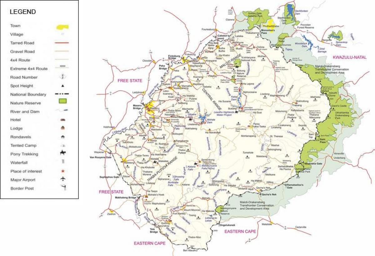 Lesotho cesty mapu