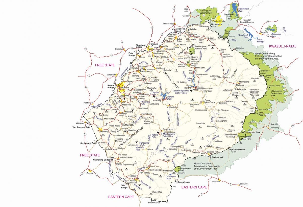 mapa Lesotho hraničných priechodov