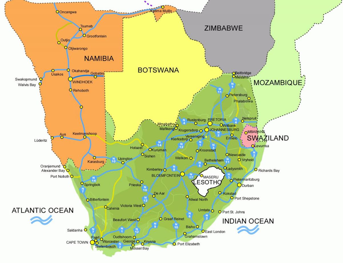 mapa Lesotho a južná afrika